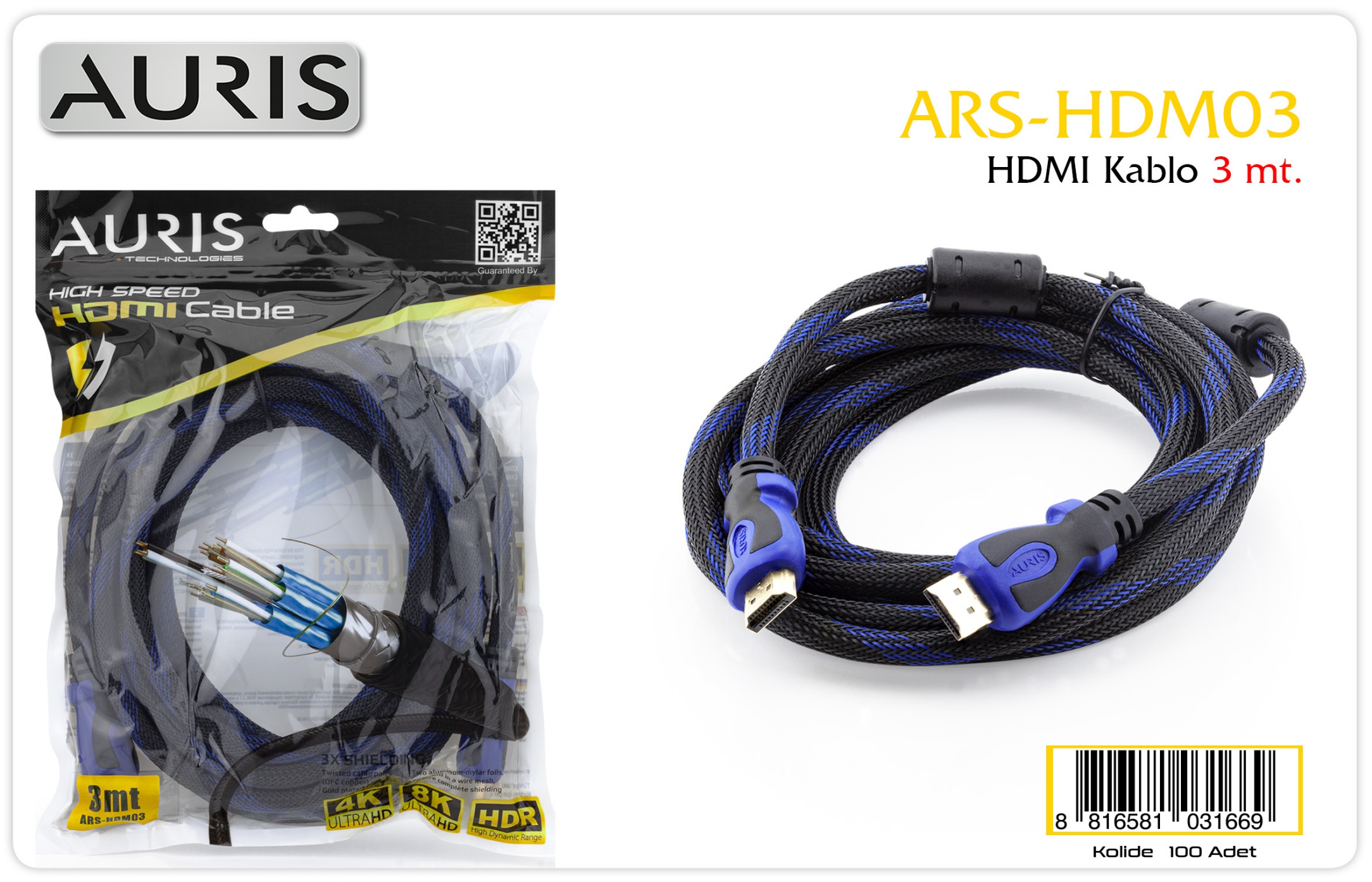 Auris ARS-HDM3 3 mt Örgülü 8K HDR HDMI Kablo 